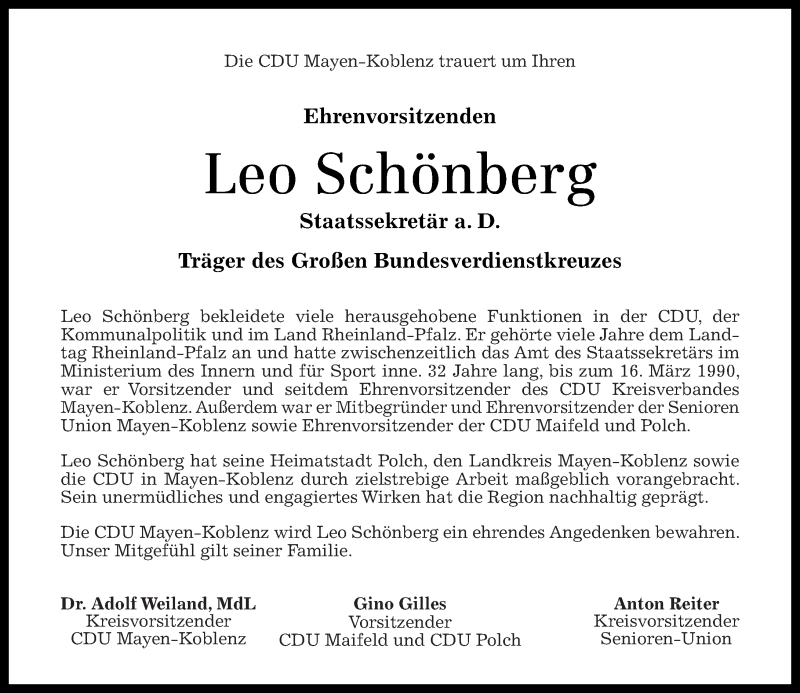  Traueranzeige für Leo Schönberg vom 28.03.2015 aus Rhein-Zeitung