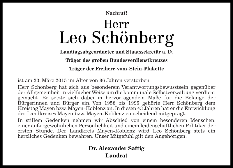  Traueranzeige für Leo Schönberg vom 31.03.2015 aus Rhein-Zeitung