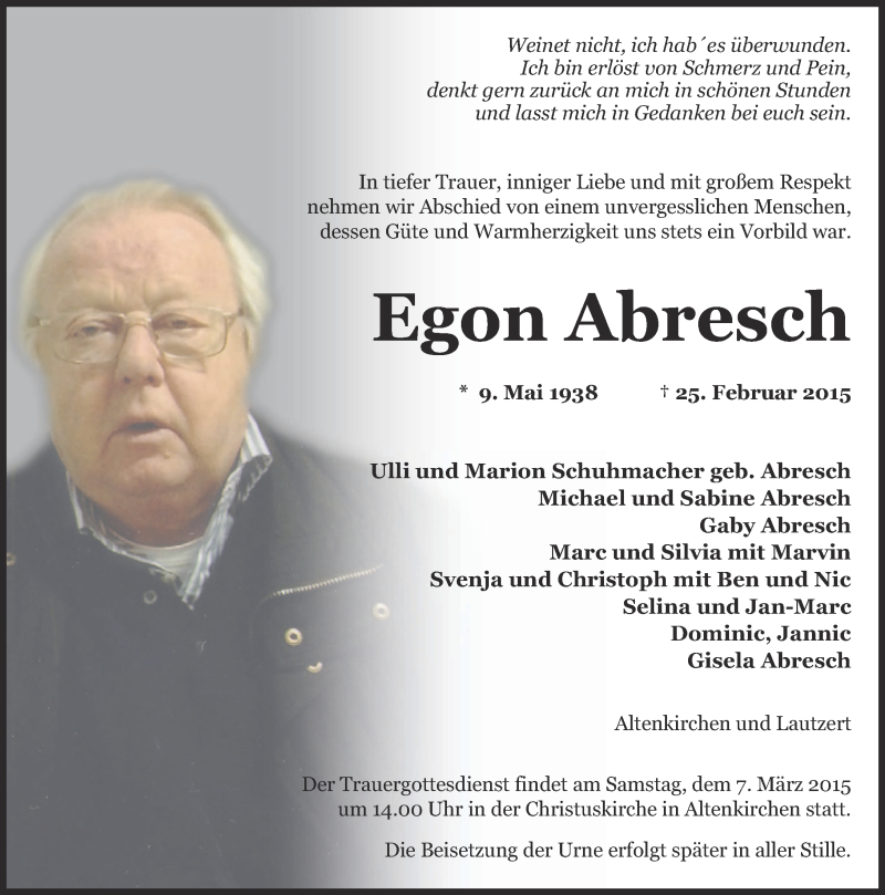  Traueranzeige für Egon Abresch vom 04.03.2015 aus Rhein-Zeitung