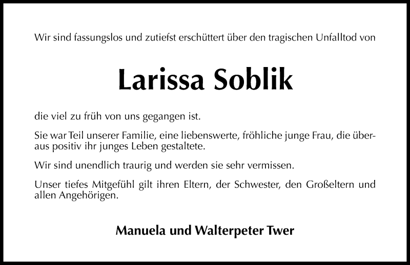  Traueranzeige für Larissa Soblik vom 28.03.2015 aus Rhein-Zeitung