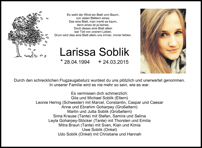  Traueranzeige für Larissa Soblik vom 30.03.2015 aus Rhein-Zeitung