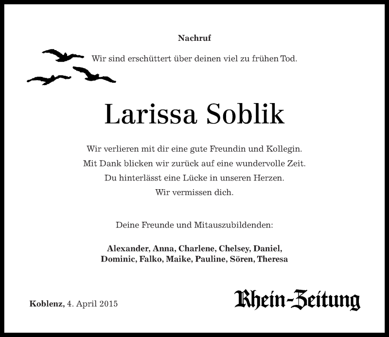  Traueranzeige für Larissa Soblik vom 04.04.2015 aus Westerwälder Zeitung