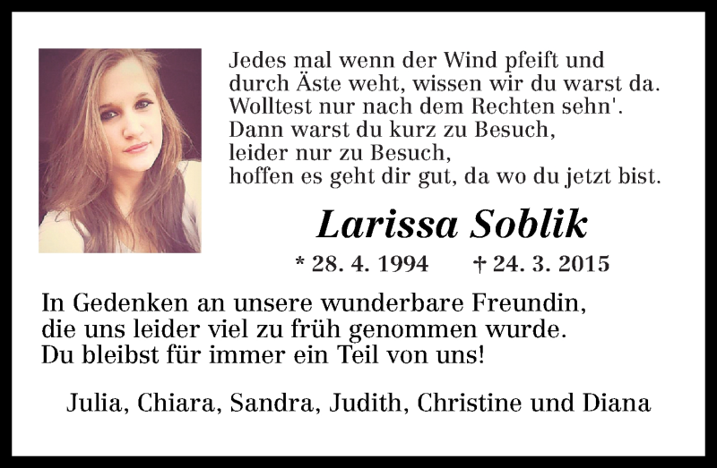  Traueranzeige für Larissa Soblik vom 02.04.2015 aus Westerwälder Zeitung