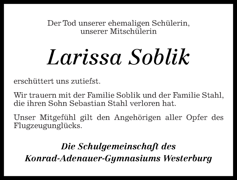  Traueranzeige für Larissa Soblik vom 02.04.2015 aus Westerwälder Zeitung