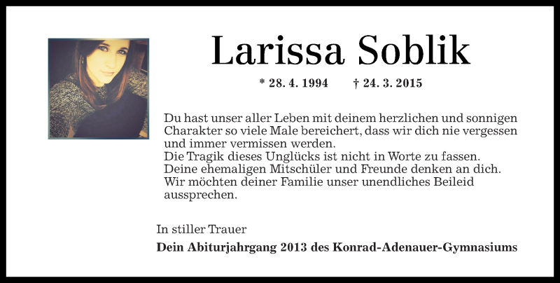  Traueranzeige für Larissa Soblik vom 24.04.2015 aus Westerwälder Zeitung