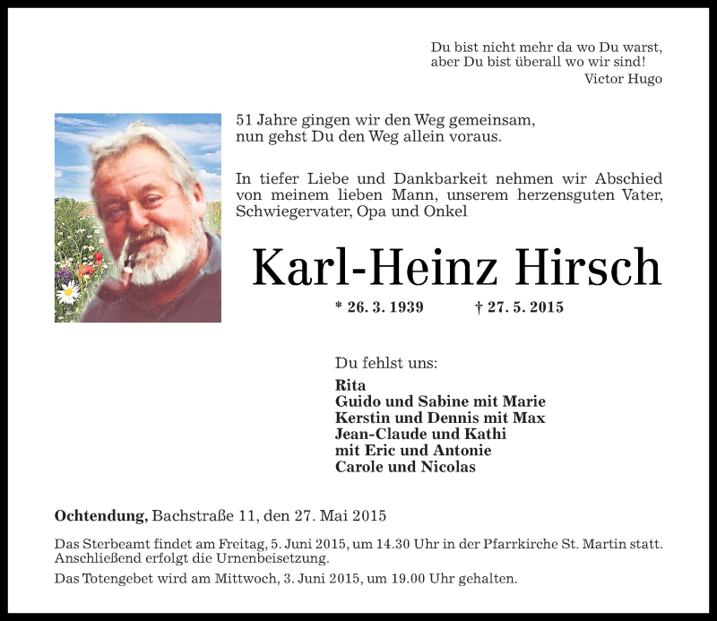  Traueranzeige für Karl-Heinz Hirsch vom 30.05.2015 aus Rhein-Zeitung