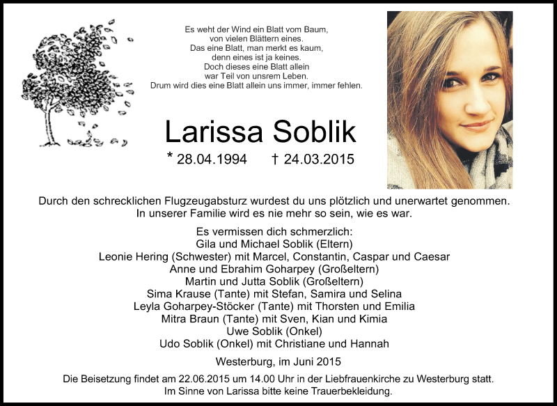  Traueranzeige für Larissa Soblik vom 17.06.2015 aus Rhein-Zeitung