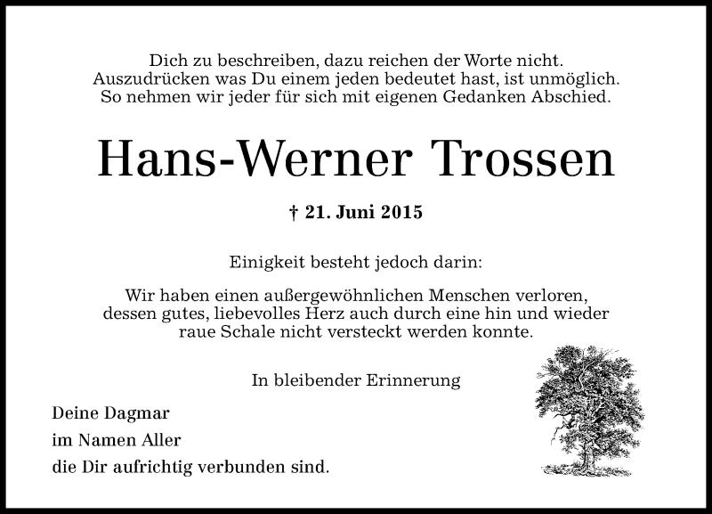  Traueranzeige für Hans-Werner Trossen vom 27.06.2015 aus Rhein-Zeitung