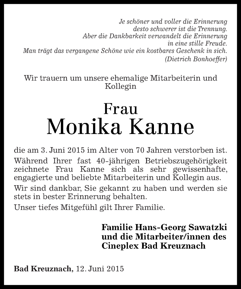  Traueranzeige für Monika Kanne vom 12.06.2015 aus Oeffentlicher Anzeiger