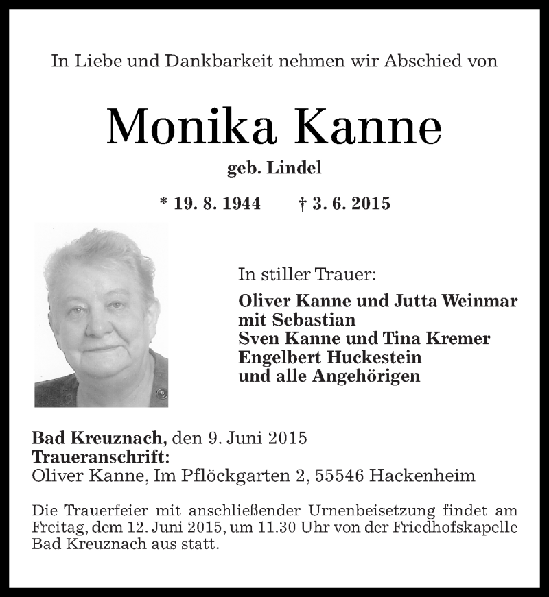  Traueranzeige für Monika Kanne vom 09.06.2015 aus Oeffentlicher Anzeiger