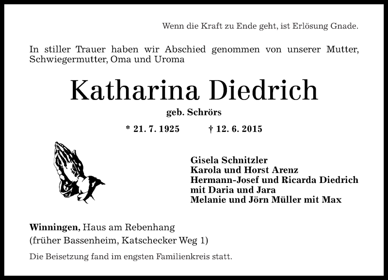  Traueranzeige für Katharina Diedrich vom 27.06.2015 aus Rhein-Zeitung