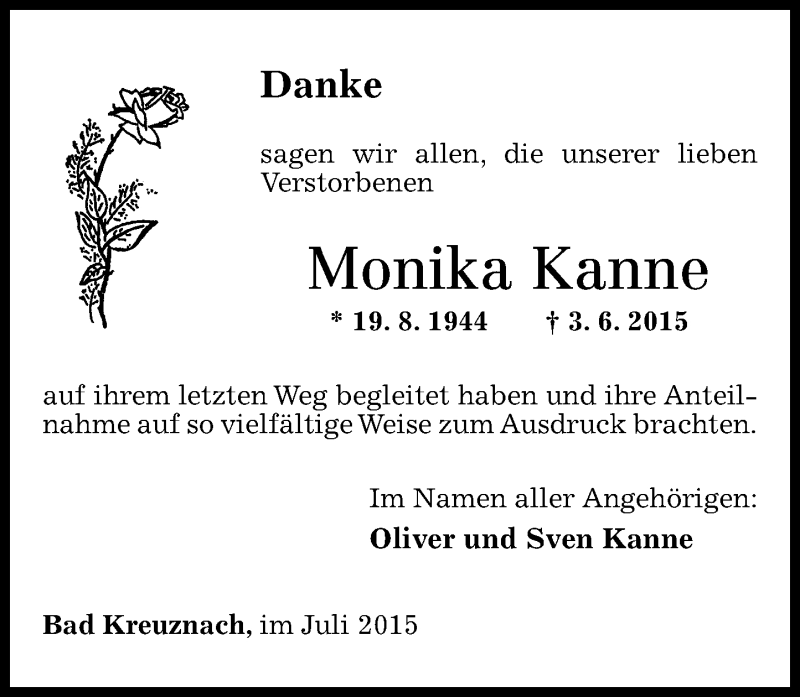  Traueranzeige für Monika Kanne vom 04.07.2015 aus Oeffentlicher Anzeiger