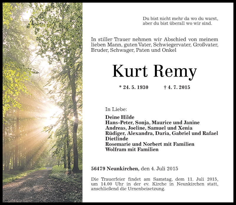 Traueranzeige für Kurt Remy vom 08.07.2015 aus Westerwälder Zeitung