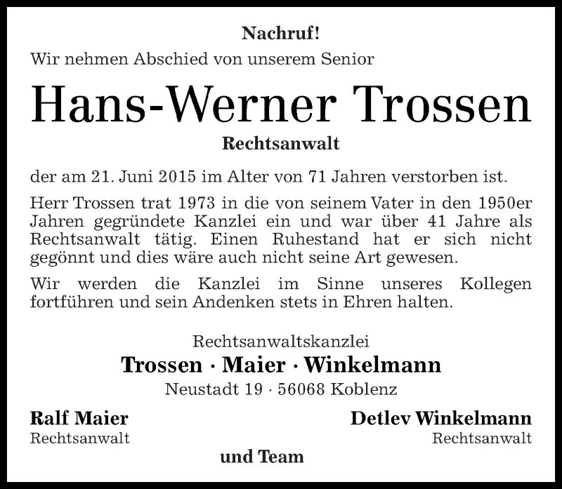  Traueranzeige für Hans-Werner Trossen vom 04.07.2015 aus Rhein-Zeitung