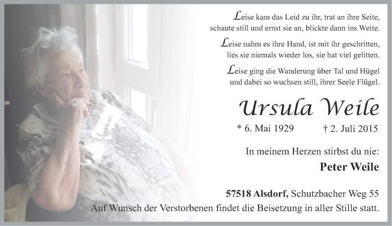  Traueranzeige für Ursula Weile vom 07.07.2015 aus Rhein-Zeitung
