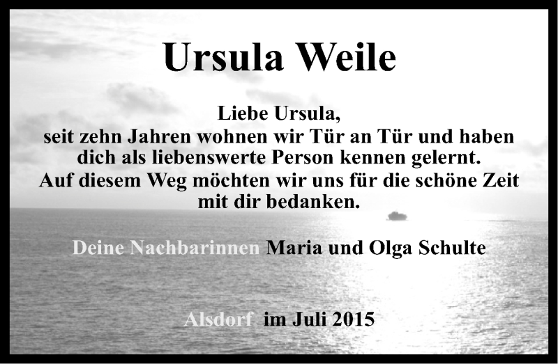  Traueranzeige für Ursula Weile vom 09.07.2015 aus Rhein-Zeitung