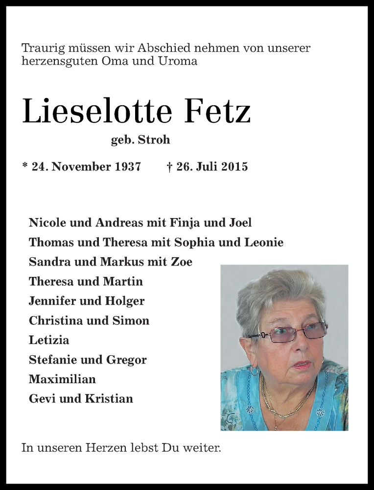  Traueranzeige für Lieselotte Fetz vom 29.07.2015 aus Westerwälder Zeitung