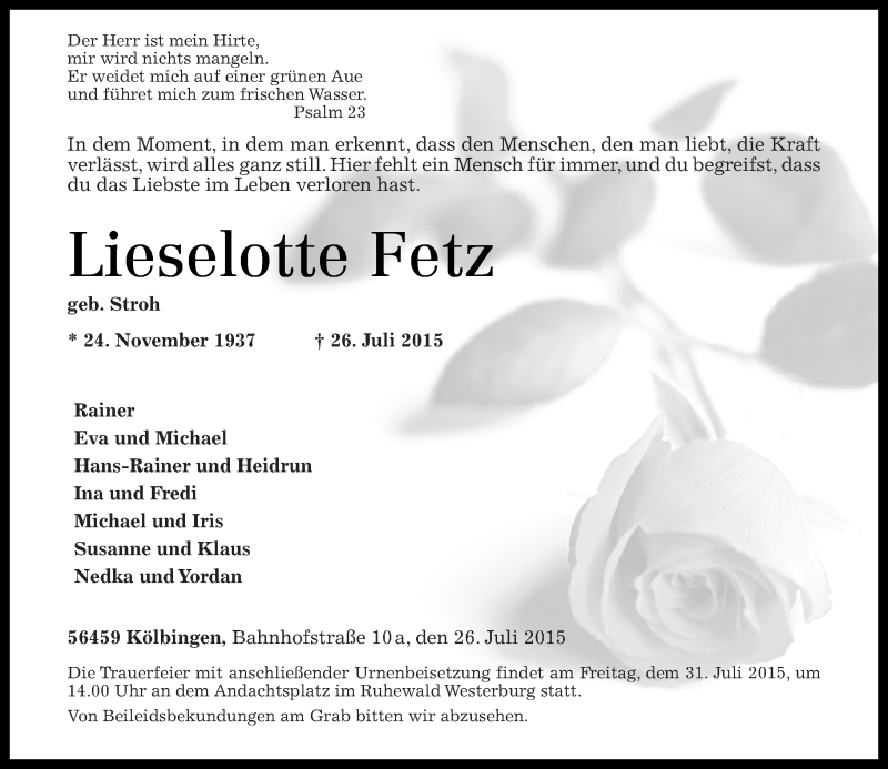  Traueranzeige für Lieselotte Fetz vom 29.07.2015 aus Westerwälder Zeitung