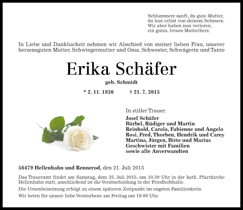  Traueranzeige für Erika Schäfer vom 23.07.2015 aus Westerwälder Zeitung