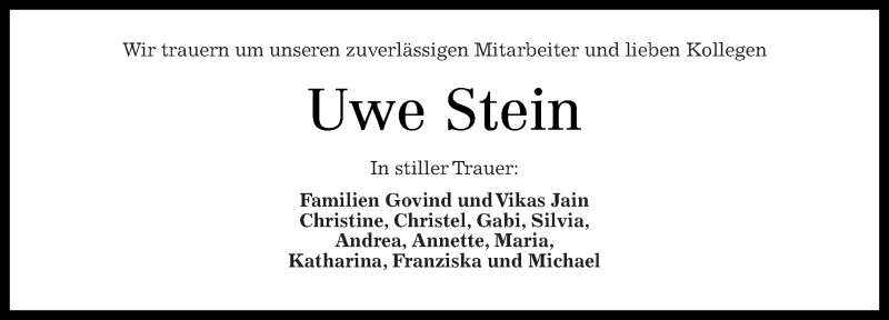  Traueranzeige für Uwe Stein vom 21.08.2015 aus Nahe-Zeitung