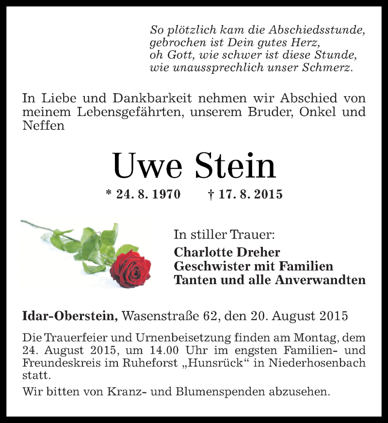  Traueranzeige für Uwe Stein vom 20.08.2015 aus Nahe-Zeitung
