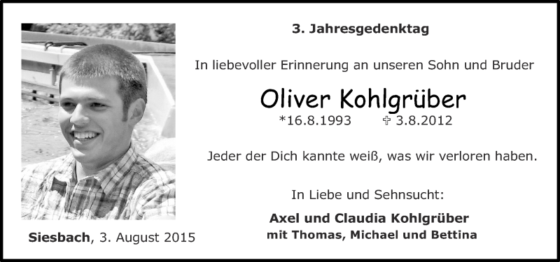 Traueranzeige für Oliver Kohlgrüber vom 03.08.2015 aus Nahe-Zeitung
