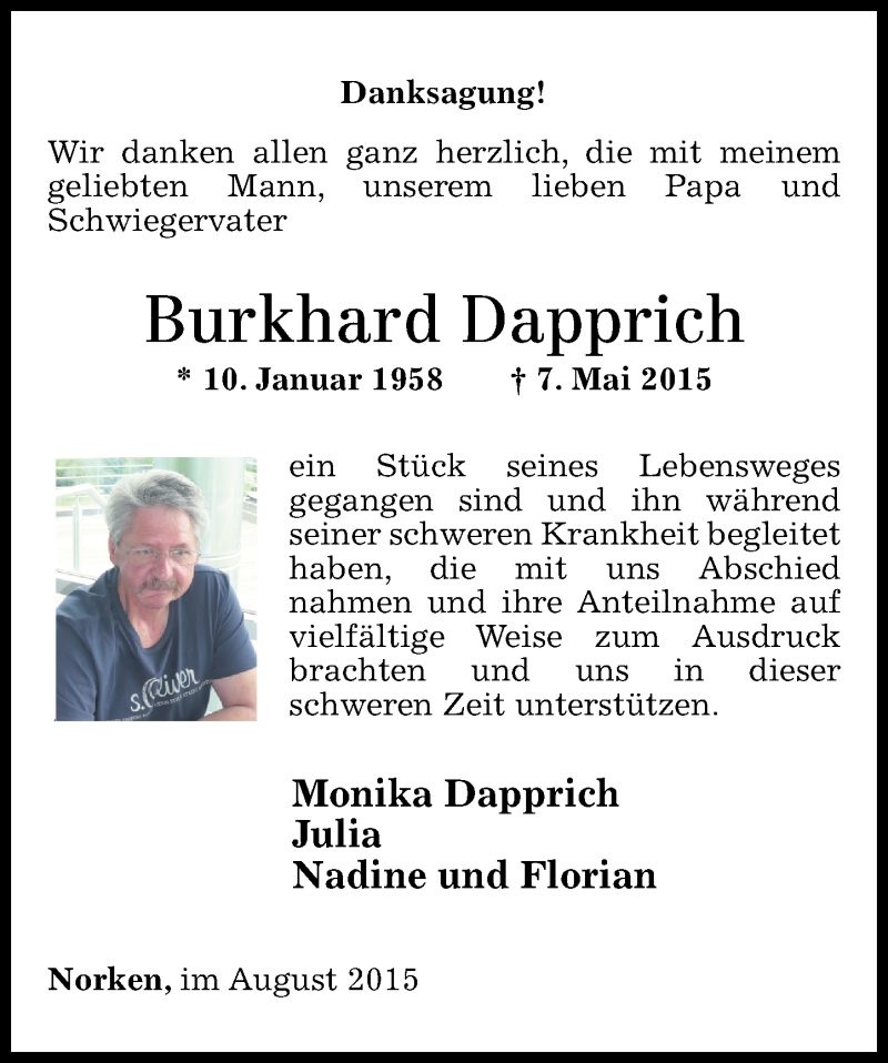  Traueranzeige für Burkhard Dapprich vom 07.08.2015 aus Westerwälder Zeitung