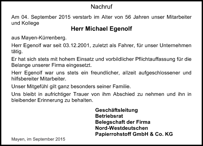  Traueranzeige für Michael  Egenolf vom 09.09.2015 aus Rhein-Zeitung
