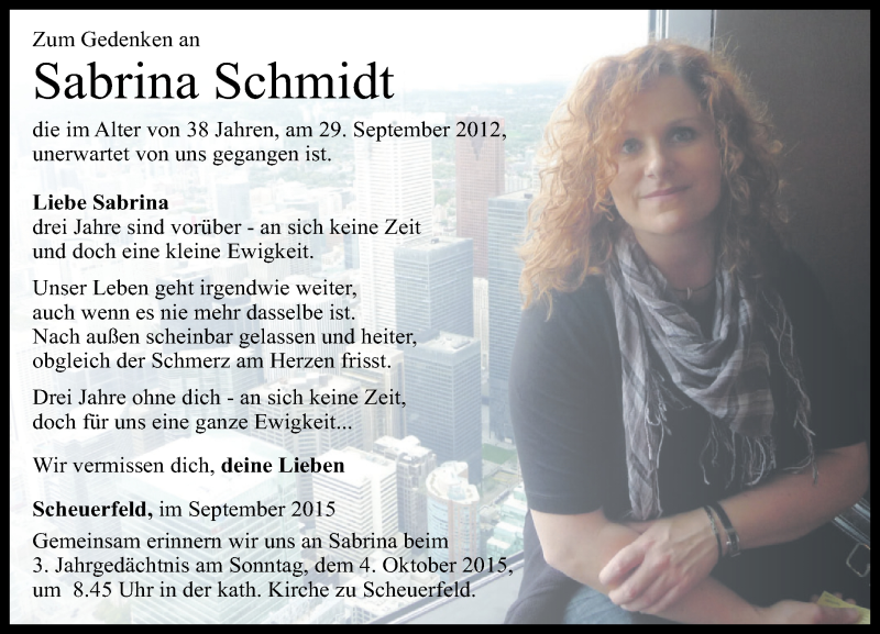  Traueranzeige für Sabrina Schmidt vom 29.09.2015 aus Rhein-Zeitung