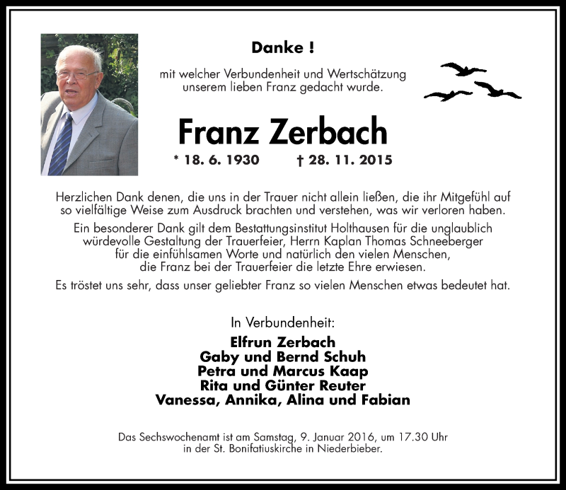  Traueranzeige für Franz Zerbach vom 02.01.2016 aus Rhein-Zeitung