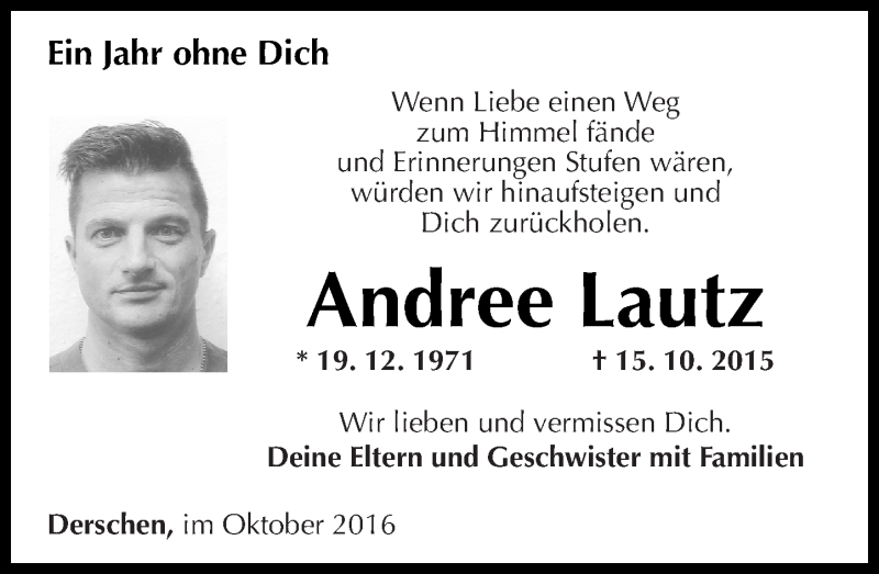  Traueranzeige für Andree Lautz vom 15.10.2016 aus Rhein-Zeitung