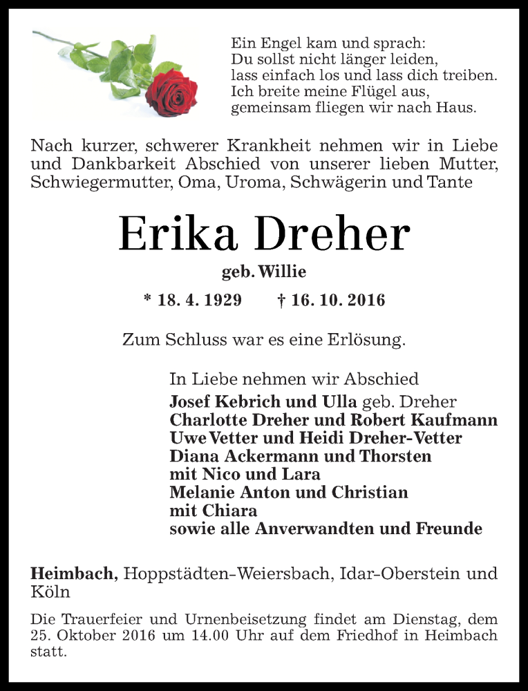  Traueranzeige für Erika Dreher vom 22.10.2016 aus Nahe-Zeitung