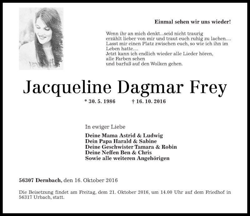  Traueranzeige für Jacqueline Dagmar Frey vom 19.10.2016 aus Rhein-Zeitung