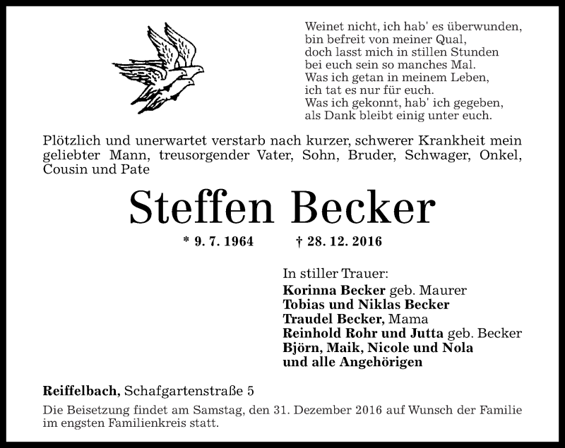  Traueranzeige für Steffen Becker vom 30.12.2016 aus Oeffentlicher Anzeiger