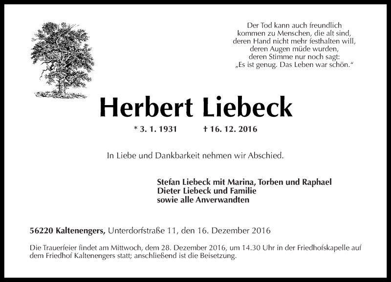  Traueranzeige für Herbert Liebeck vom 24.12.2016 aus Rhein-Zeitung