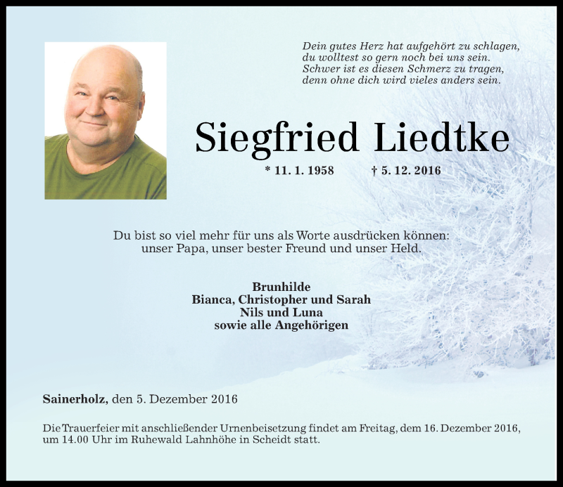  Traueranzeige für Siegfried Liedtke vom 10.12.2016 aus Westerwälder Zeitung