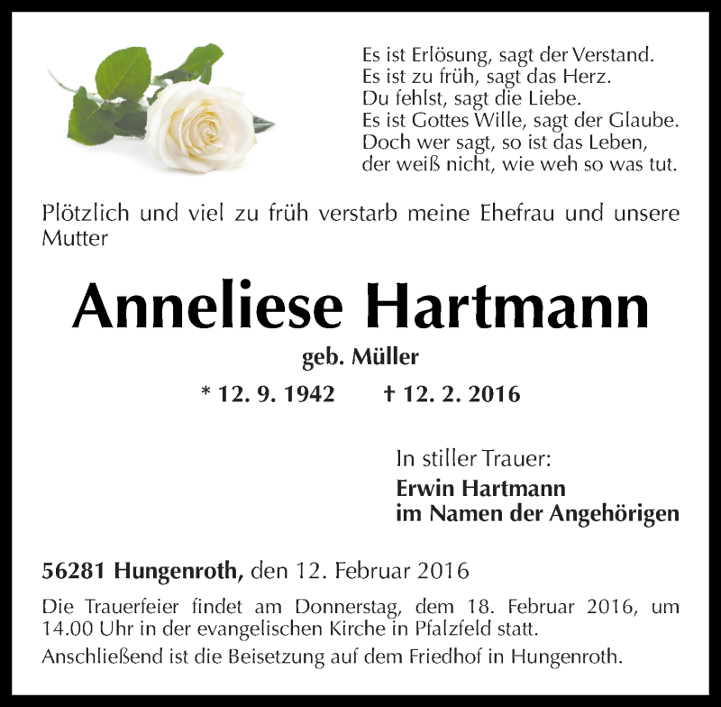  Traueranzeige für Anneliese Hartmann vom 15.02.2016 aus Rhein-Hunsrück-Zeitung