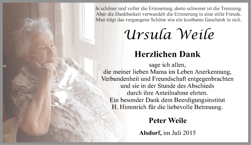  Traueranzeige für Ursula Weile vom 18.07.2015 aus RZ Trauer