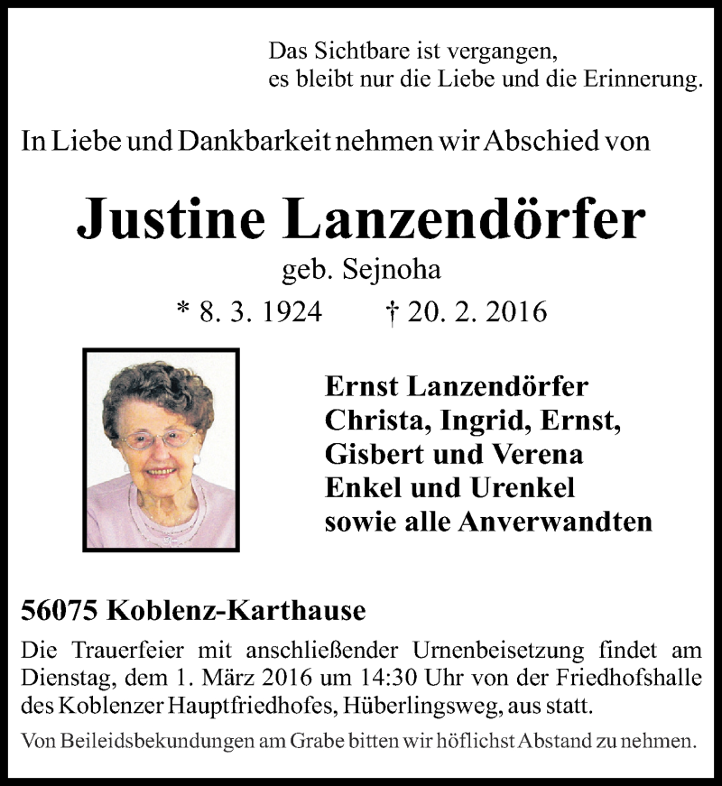  Traueranzeige für Justine Lanzendörfer vom 27.02.2016 aus Rhein-Zeitung