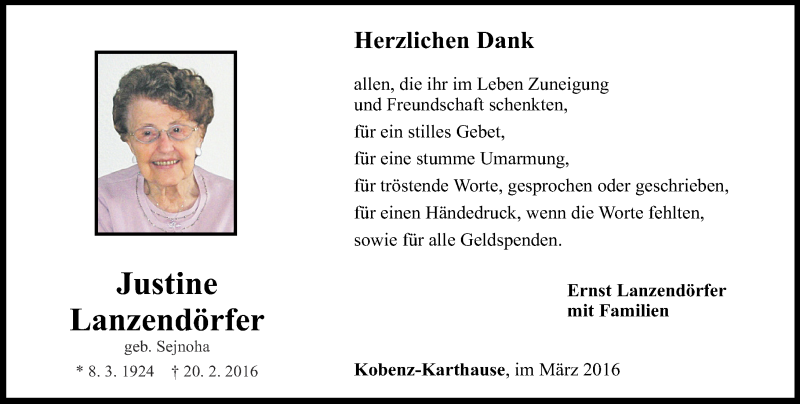  Traueranzeige für Justine Lanzendörfer vom 19.03.2016 aus Rhein-Zeitung