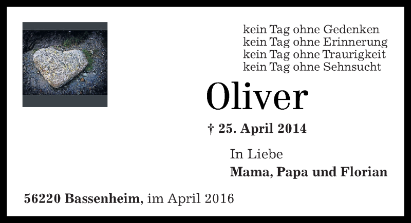  Traueranzeige für Oliver Tönges vom 23.04.2016 aus Rhein-Zeitung