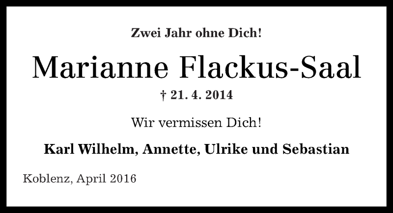  Traueranzeige für Marianne Flackus-Saal vom 21.04.2016 aus Rhein-Zeitung