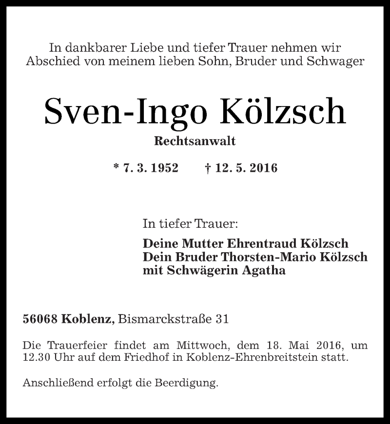  Traueranzeige für Sven-Ingo Kölzsch vom 17.05.2016 aus Rhein-Zeitung