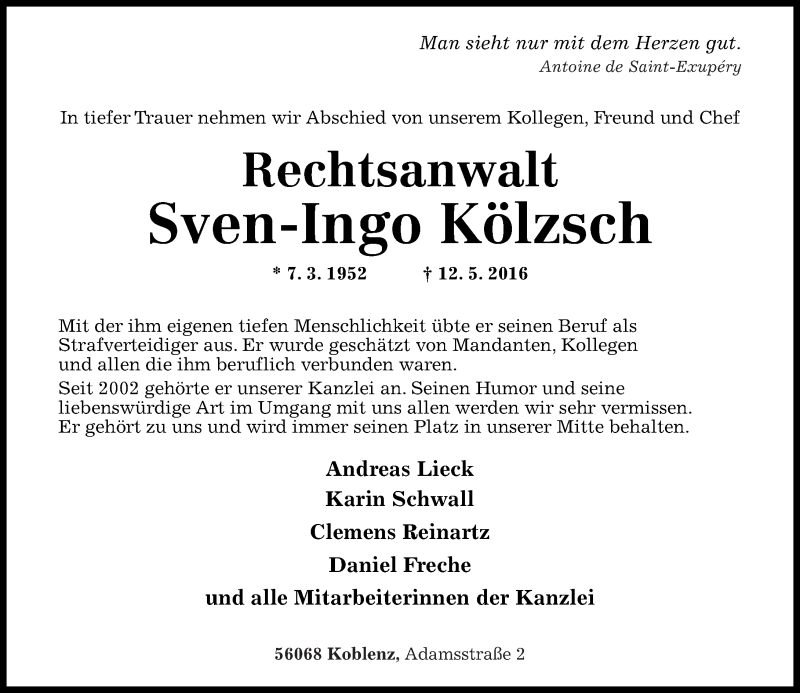  Traueranzeige für Sven-Ingo Kölzsch vom 18.05.2016 aus Rhein-Zeitung