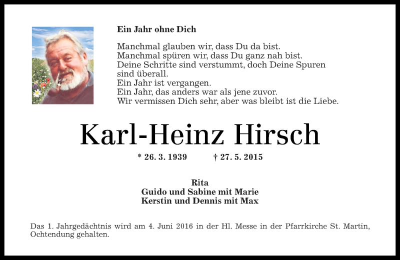  Traueranzeige für Karl-Heinz Hirsch vom 28.05.2016 aus Rhein-Zeitung