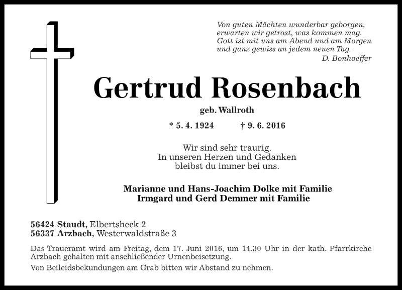  Traueranzeige für Gertrud Rosenbach vom 13.06.2016 aus Rhein-Zeitung