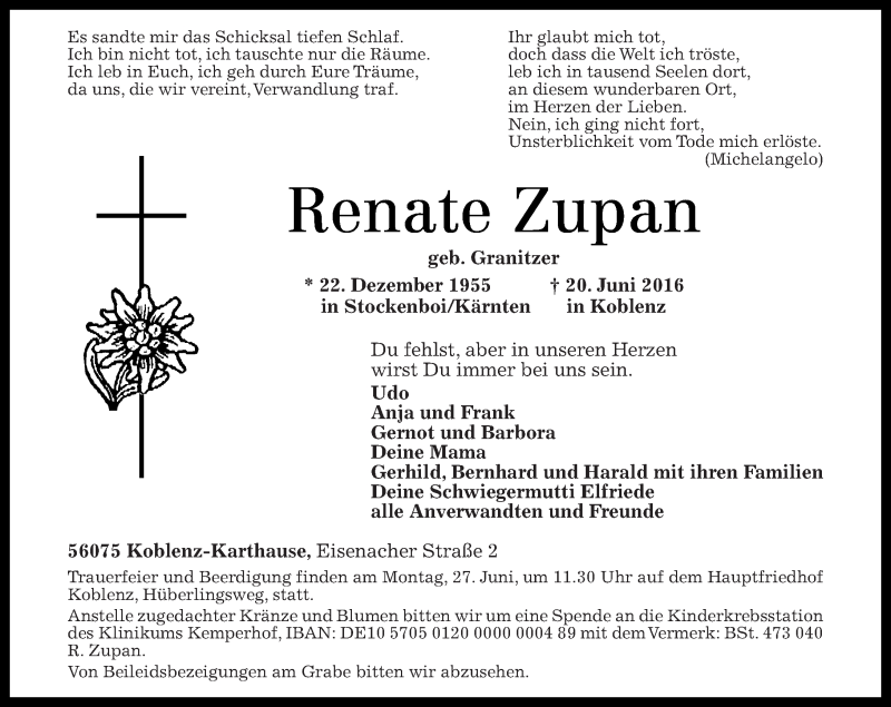  Traueranzeige für Renate Zupan vom 22.06.2016 aus Rhein-Zeitung