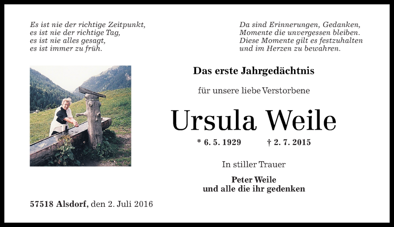  Traueranzeige für Ursula Weile vom 02.07.2016 aus Rhein-Zeitung