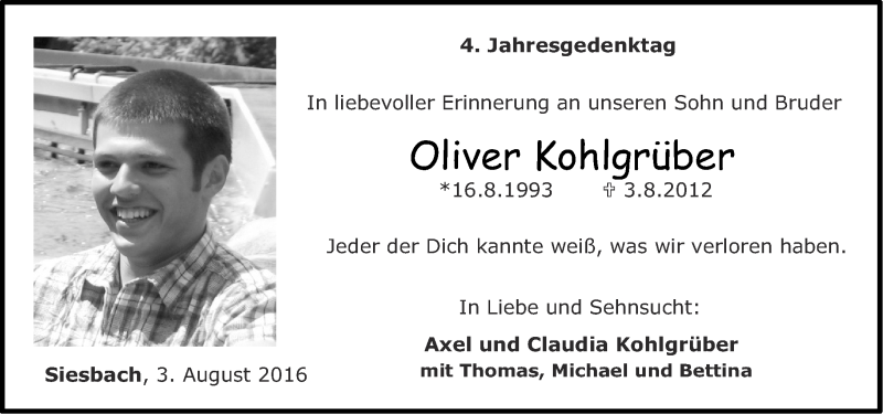  Traueranzeige für Oliver Kohlgrüber vom 03.08.2016 aus Nahe-Zeitung