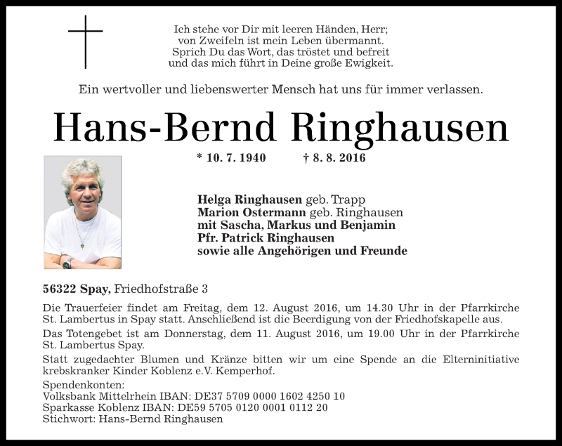  Traueranzeige für Hans-Bernd Ringhausen vom 10.08.2016 aus Rhein-Zeitung